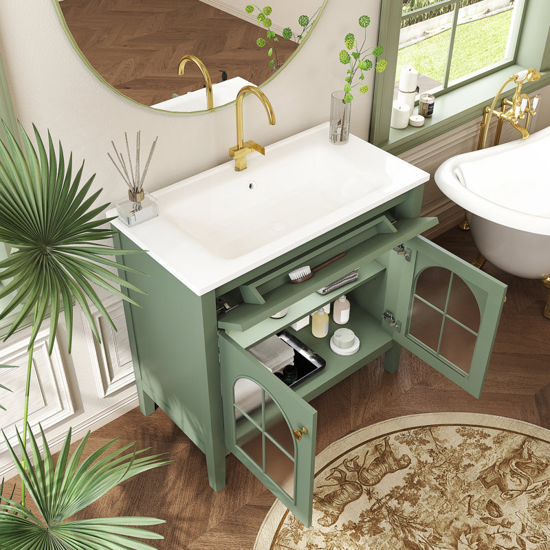 Meuble-lavabo autoportant avec tablette de rangement, Vert