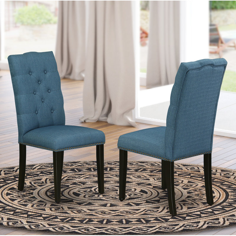 Elsa Parson Kitchen Chairs - Button Tufted Nailhead Trim Blue Linen Fabric Upholstered Dining Chairs, Set of 2, Black, Black