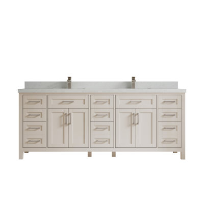 Cambridge 84 In. W X 22 In. D Double Sink Bathroom Vanity In Fine Grain With 2 In. Carrara Quartz