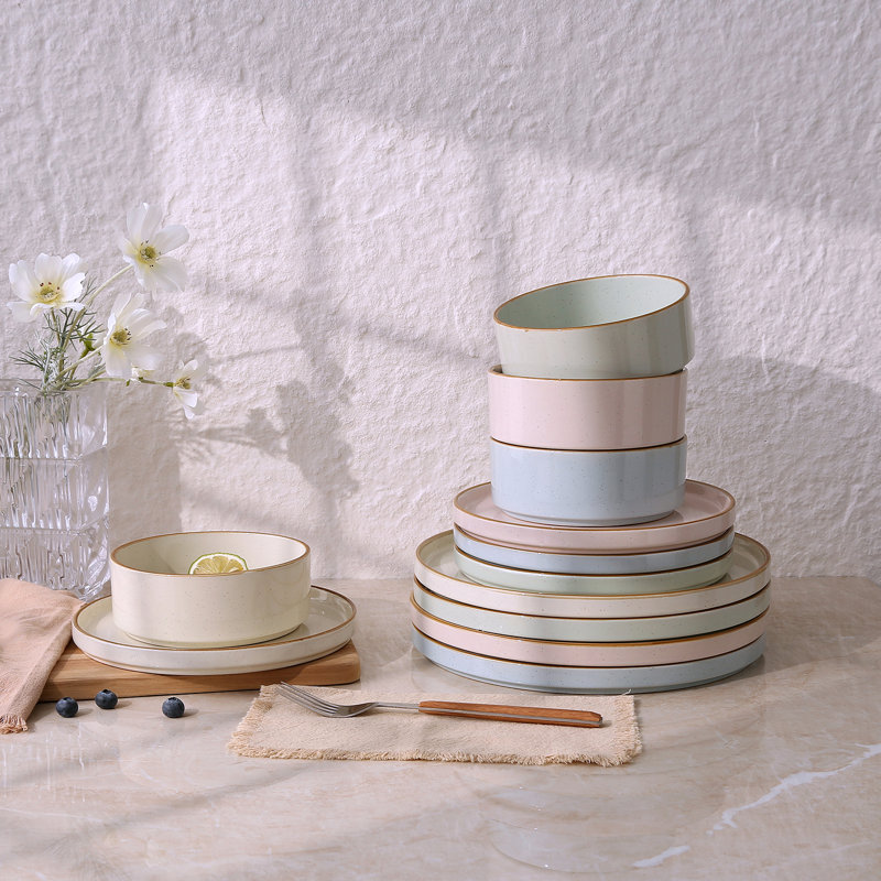  Nebula Plates And Bowls Sets, 12 Piece Dinnerware Sets, Multi-Colour with Brown Rim