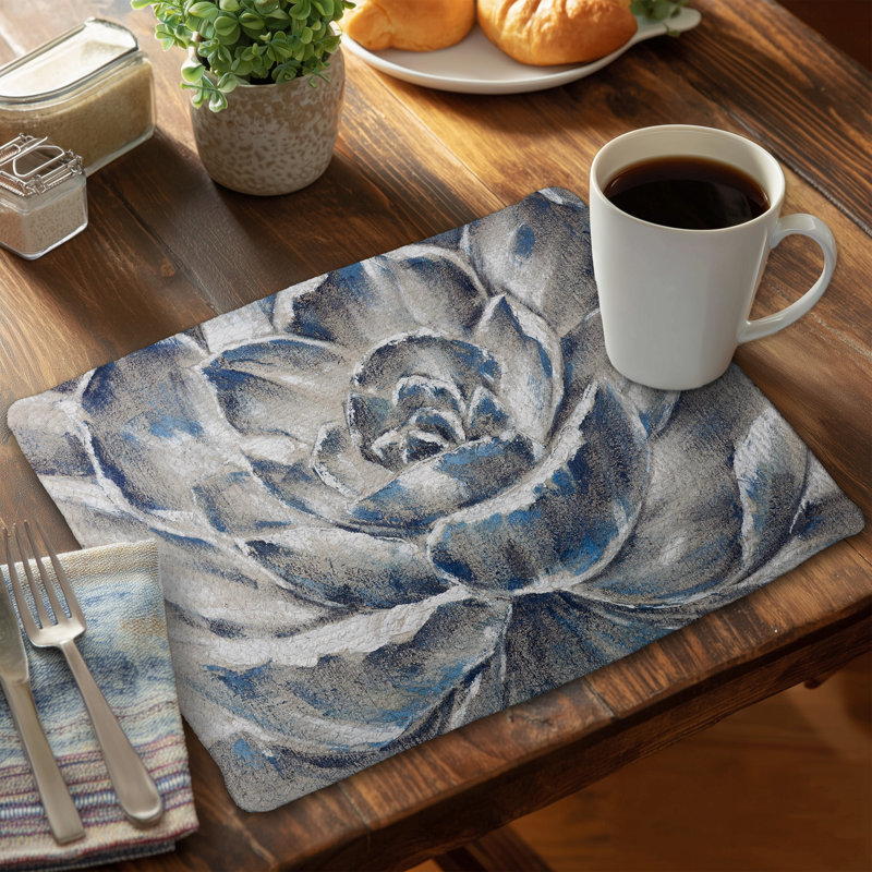 Ensemble de 4 napperons en polyester tressé - fleur grise et bleue