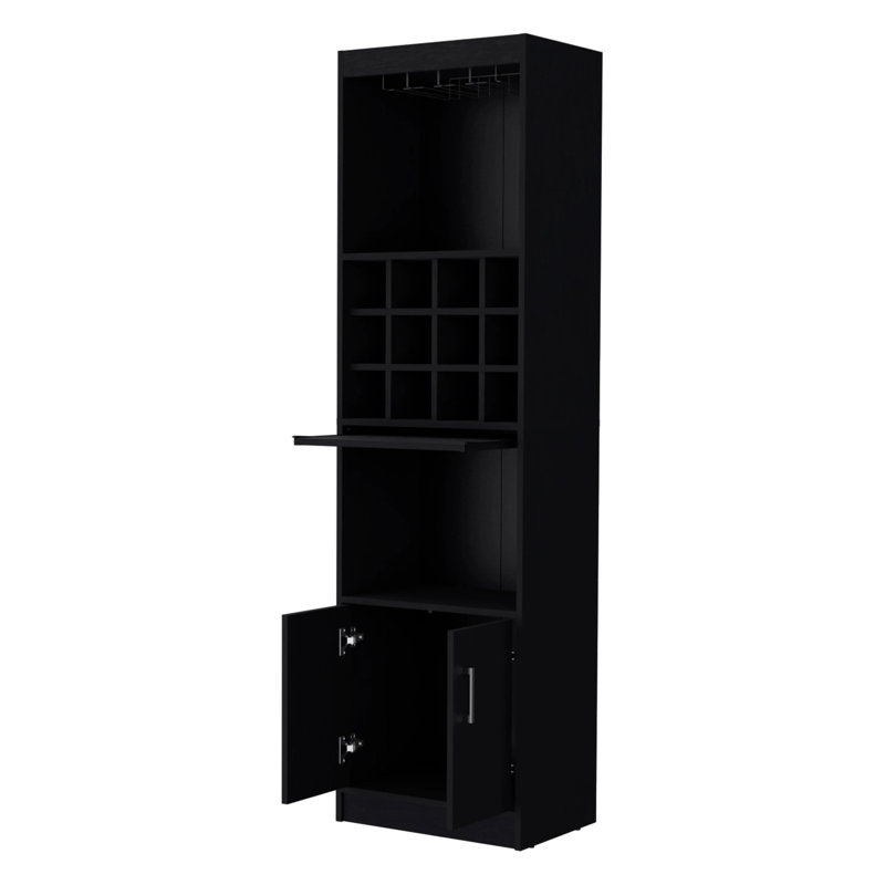 Black Bar Cabinet For Drinks - Engineered Wood, 15 Shelves, 2 Doors, 71.1x20x13.3 In Storage Inches, Black