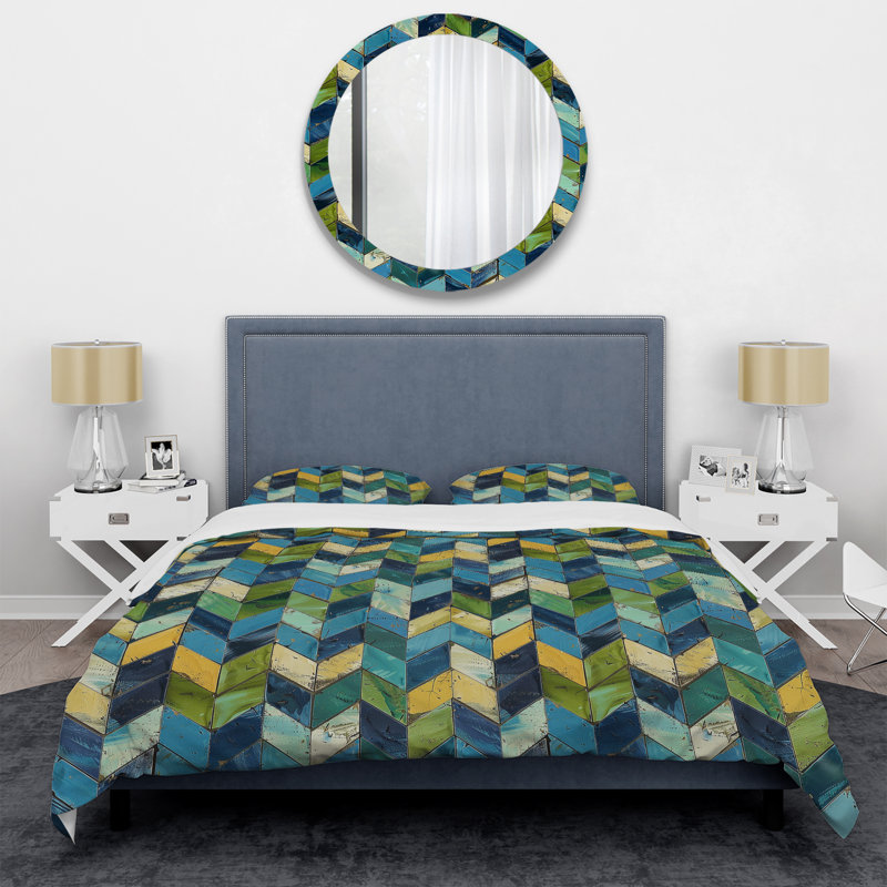 Ensemble de housse de couette à motif de chevrons bleu et vert III, Housse de couette pour grand lit et 2 taies décor