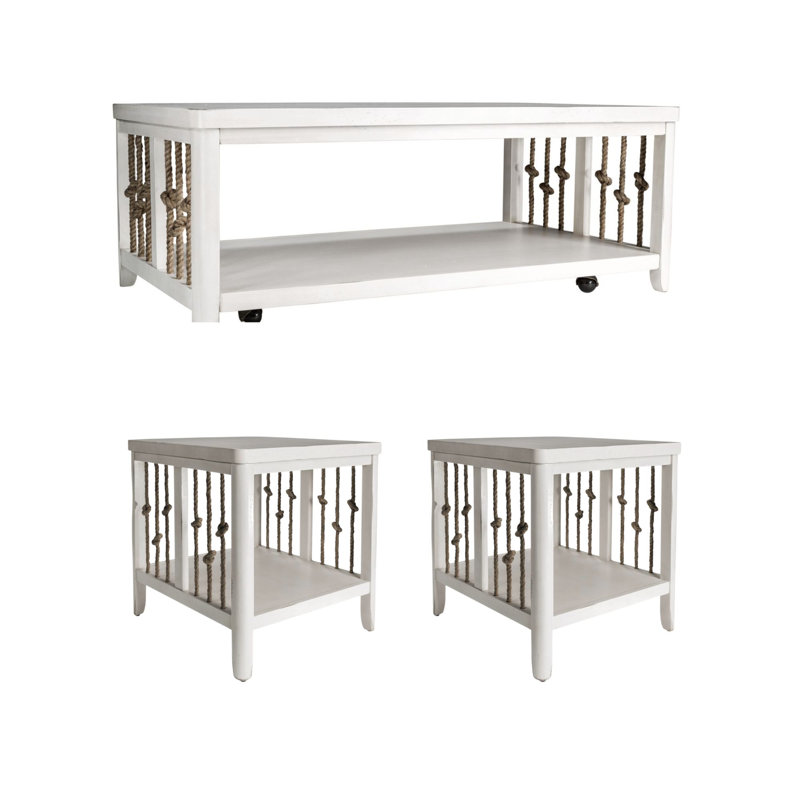 Alvon 3 Piece Living Room Table Set w/ Casters and Rope End Panels, White