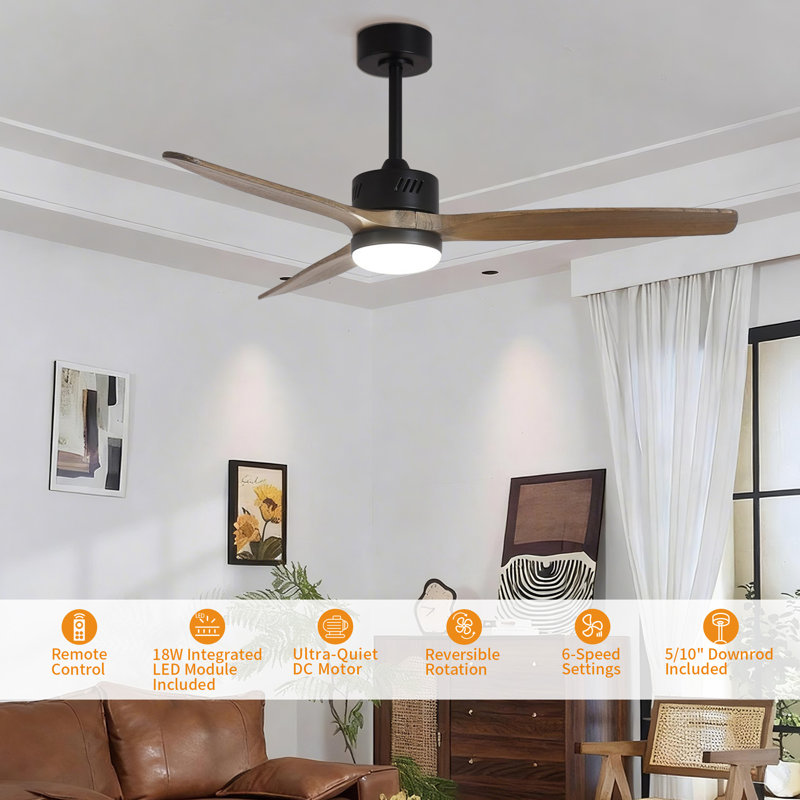 Glio 52 in. Black Downrod Standard Ceiling Fan with LED with Remote Included DC Motor Reversible, Gray Wood, Black