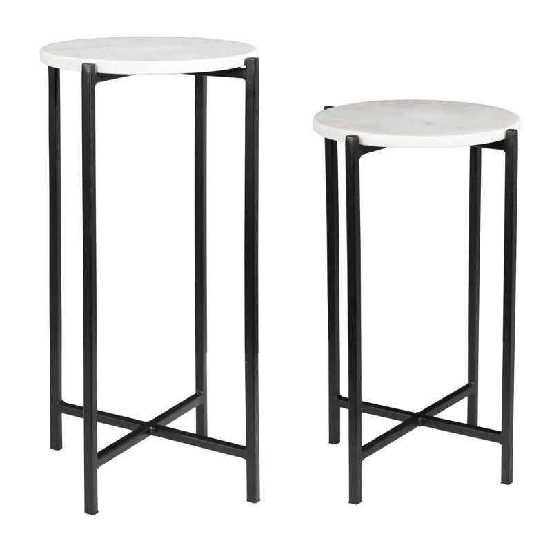 Valo White Marble Top Black Iron Nesting End Tables