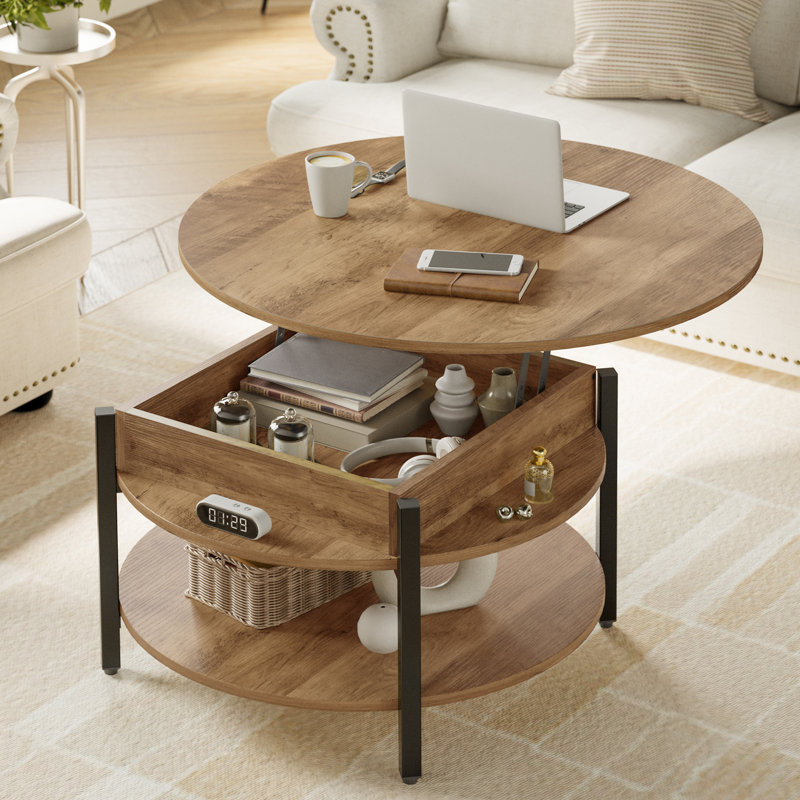 Wynny 27"W Round Lift-Top Wood Coffee Table with Storage, Knotty Oak