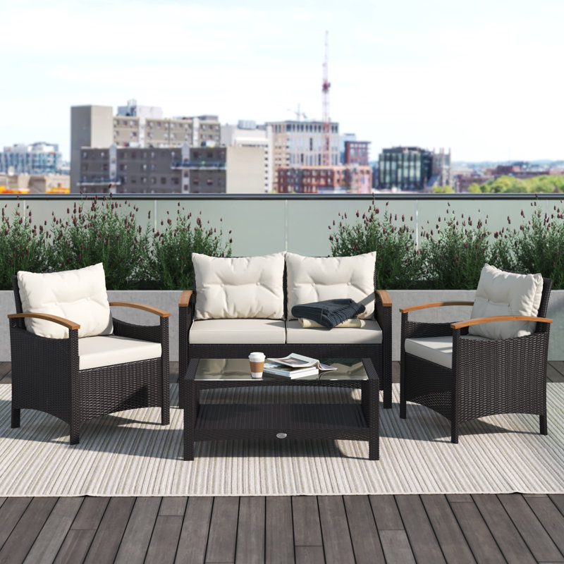 4 - Person Patio Conversation Set with Cushions, Off White