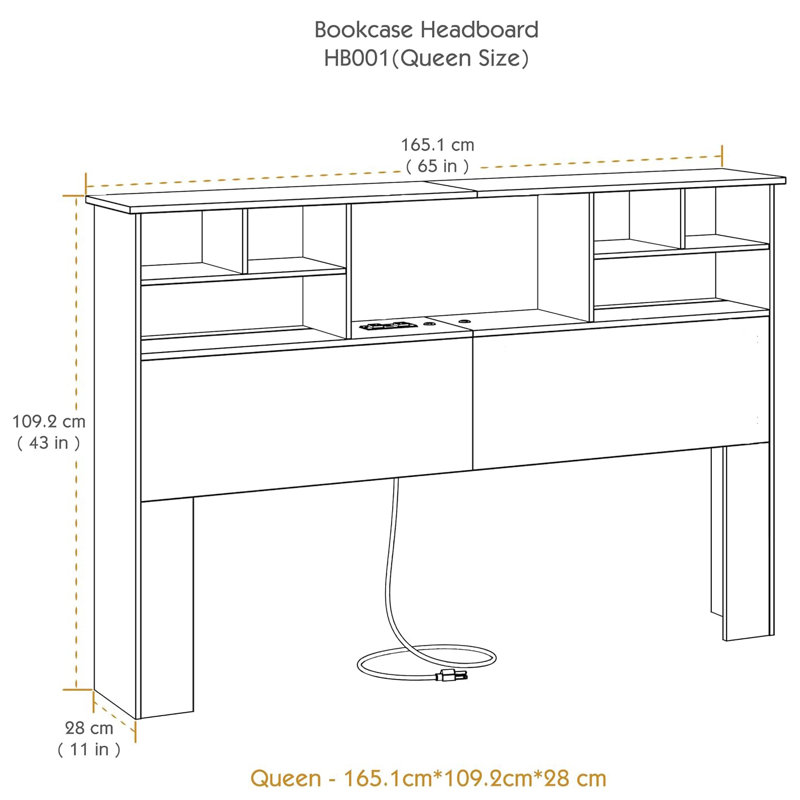 Bookcase Headboard With Charging Station & 2 Led Lights, White, Queen