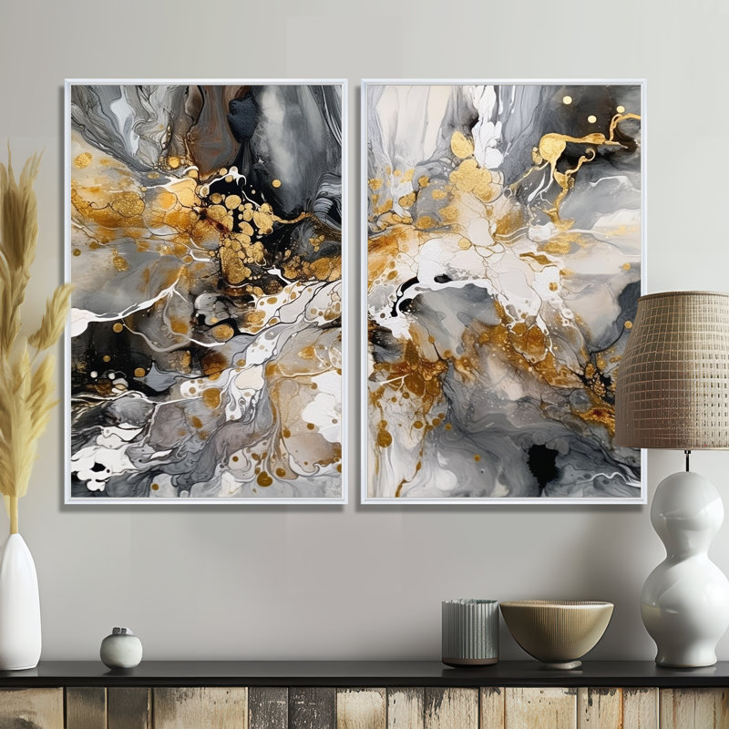 2 coups de pinceau délicats abstraits gris et or gris 3 pièces, 36'' H x 48'' W, Impression encadrée flottante, White