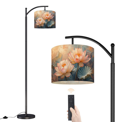 Arc Floor Lamp Elegant Lotus Flower Painting Soft Pastel Colors Brushstrokes Tall Modern Standing Lamp LED Adjustable Linen Lampshade 3 Color Temperatures