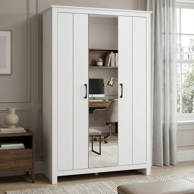 Limestone Betros 3 Door Wardrobe with Mirror, White/White