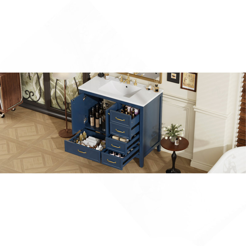 Meuble-lavabo 36 po avec lavabo, armoire de salle de bain avec porte à fermeture en douceur, 4 tiroirs de différentes tailles, structure et pied en bois massif, deux ensembles, bleu