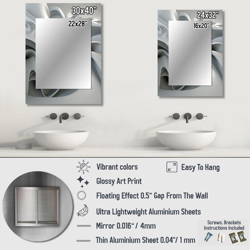 Grey Infinite Ripples - Waves Decorative Mirror, Modern Wall Mirror, Printed Metal Art, 40" x 30"