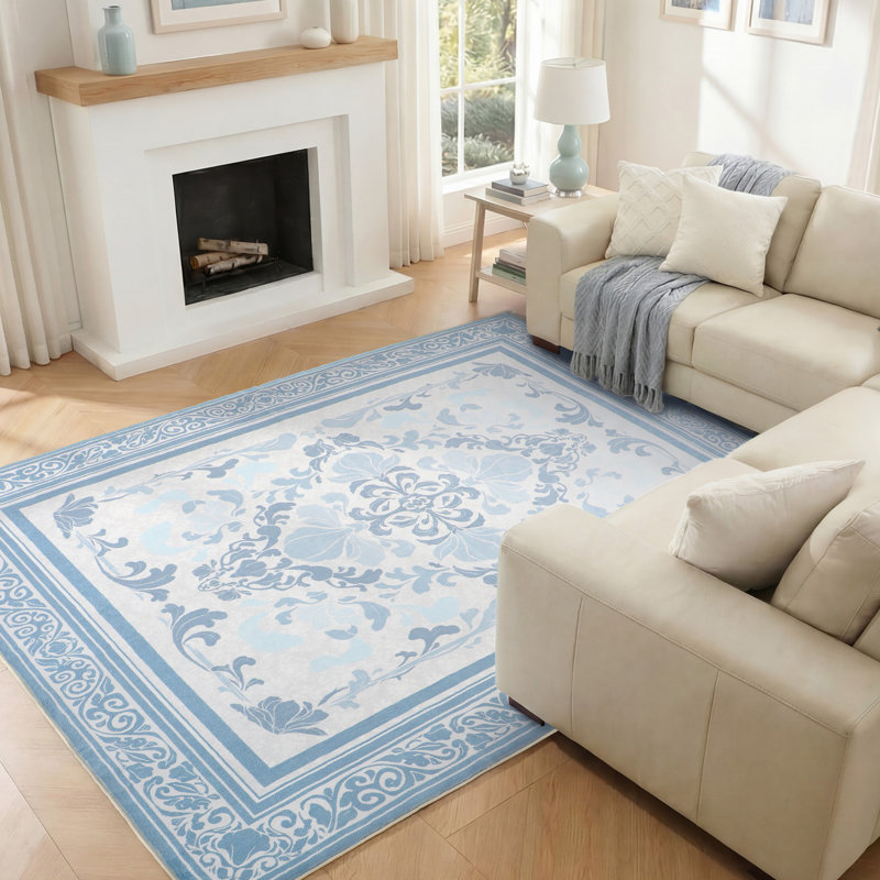 8' X 10' Faux Cashmere Floral Area Rug with TPE Non-Slip Backing, Soft Decorative Carpet for Living Room or Bedroom,Dusty Blue