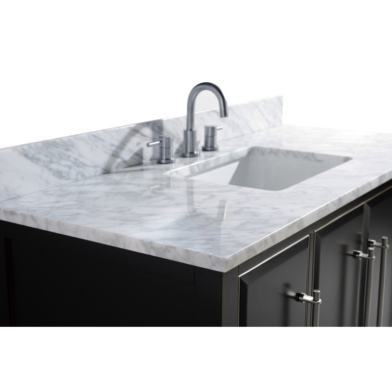Ensemble de meuble-lavabo simple 49 po avec miroir Ewen, Noir, Argent brossé, Blanc de Carrare