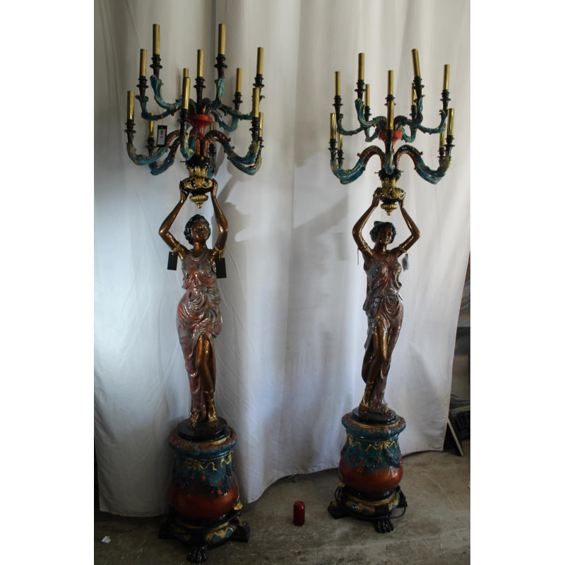 NIFAO Pair Giant Bronze Lady Candelabra Chandeliers Floor Lamps 30"x30"x100"H