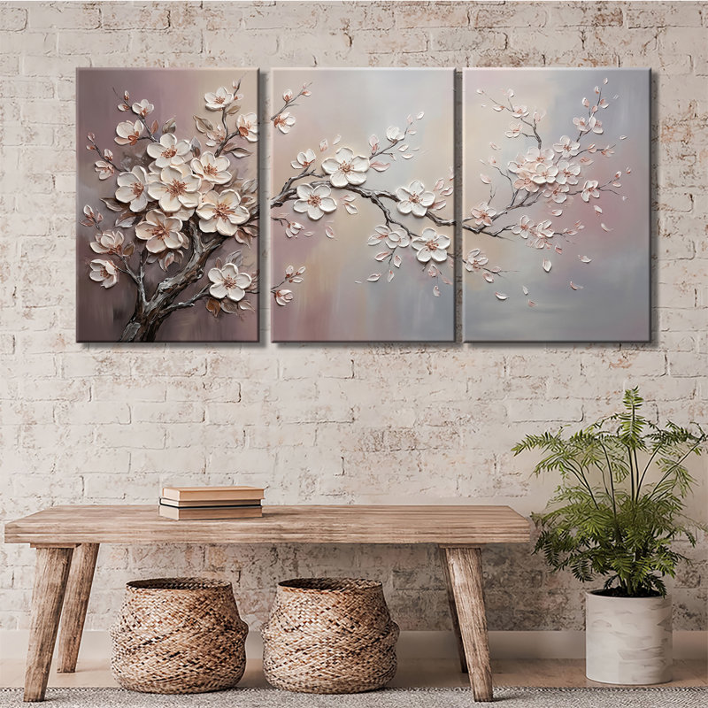 Peinture douce de branche de cerisier rose doux - Toile tendue avec châssis de qualité supérieure - prête à être accrochée (ensemble de 3)