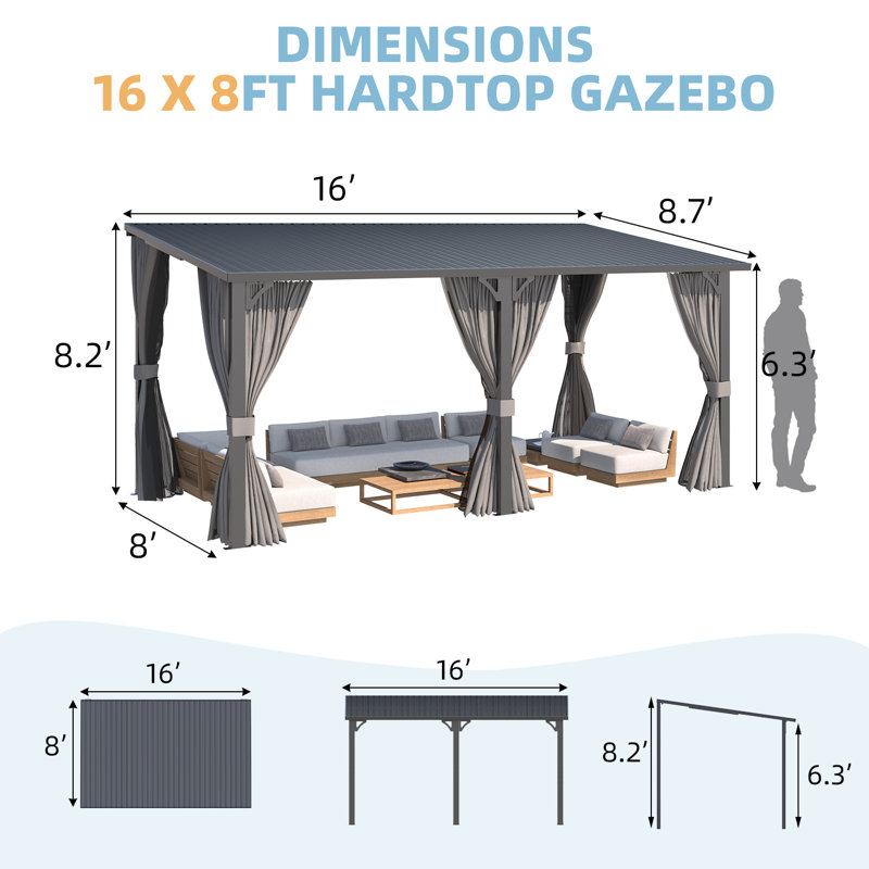 Outdoor Hardtop Metal Gazebo For Patio With Curtains And Mosquito Netting, Gray/Beige, 98.4" H x 120" W x 120" D