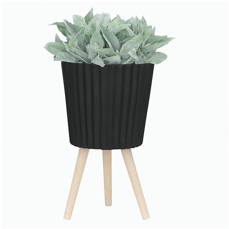 S/2 10/12" RIDGED PLANTER W/ WOOD LEGS, BLACK (KD)