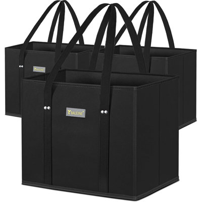 3 Pack Reusable, Foldable Shopping Bags with Reinforced Bottom & Handles, Black