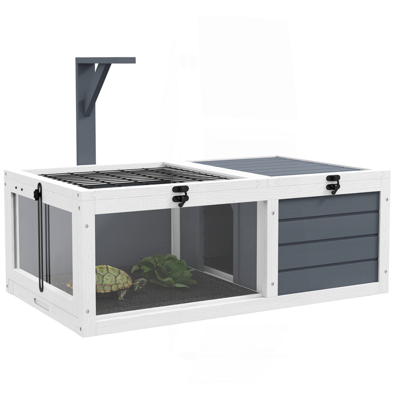 Habitat de tortue, maison de tortue en bois, enceinte de tortue intérieure et extérieure avec support de lampe, plateaux étanches coulissants, couvercles ouverts, gris