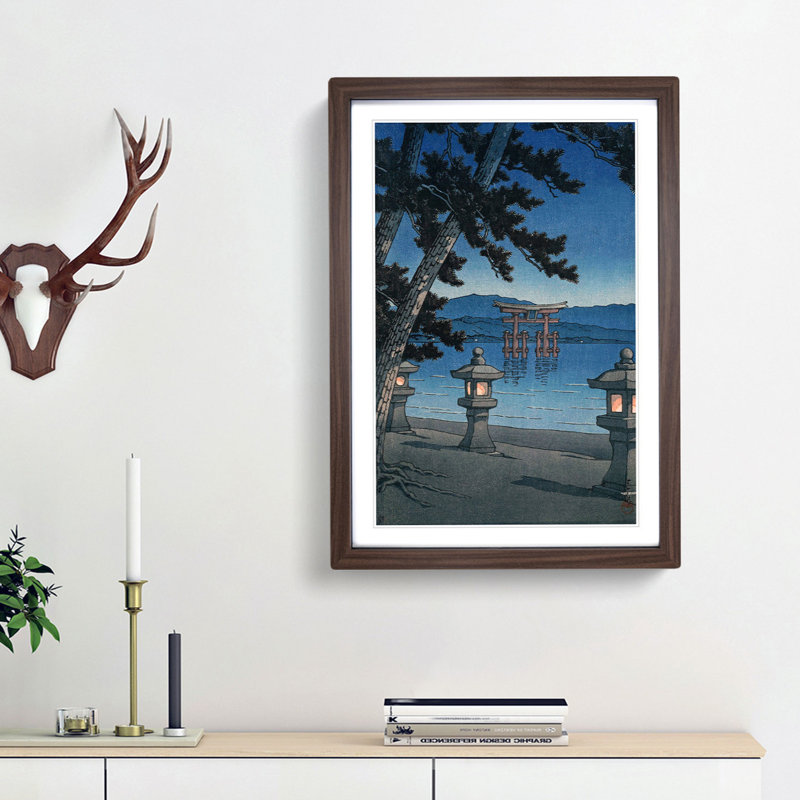 Moonlit Miyajima by Hasui Kawase - Picture Frame Painting Print, 48cm H x 36cm W x 2cm D, Walnut Framed