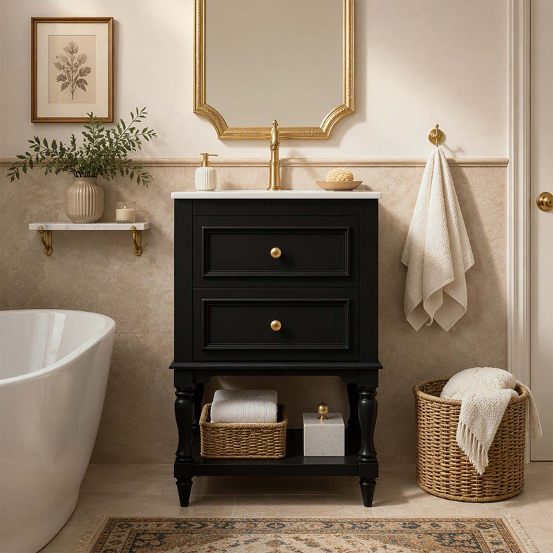 Retro Design Bathroom Vanity with Ceramic Sink, 2 Drawers, and Open Shelf for Elegant Storage and Modern Functionality