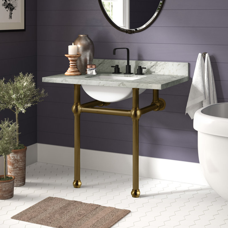 Kingston Brass Templeton 36-Inch Carrara Marble Vanity Top with Brass Legs (8-Inch, 3-Hole), Satin Brass