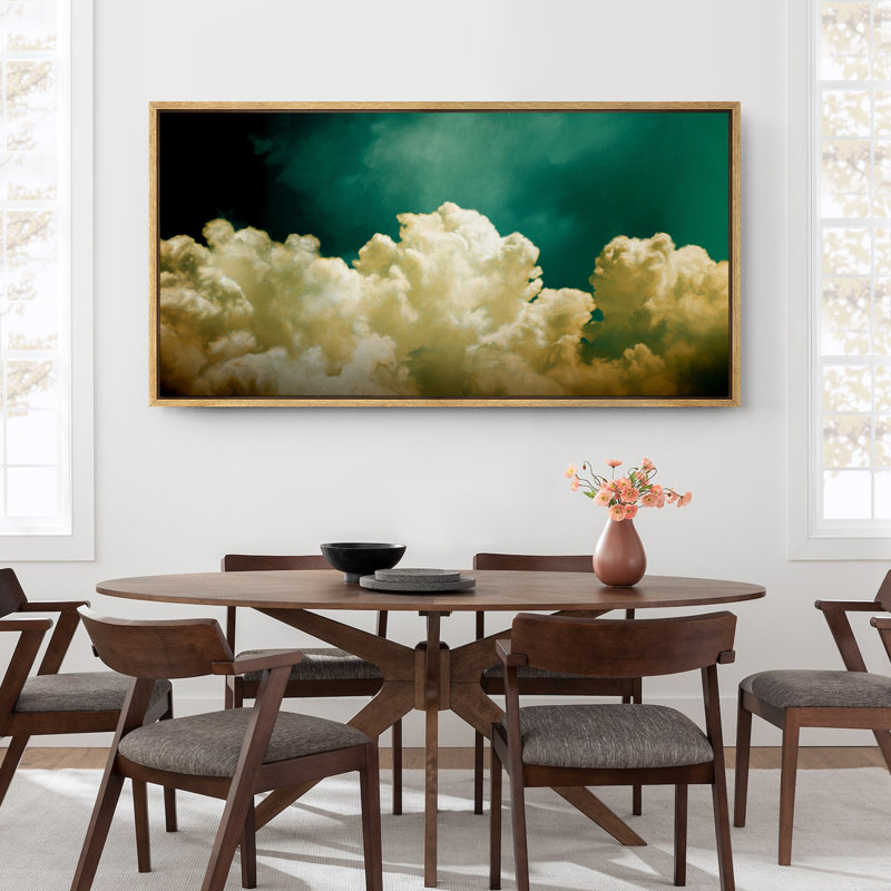 Golden Clouds against Emerald Sky Large Framed Canvas Print Wall Art - Dramatic Skyscape Decor, 30" H x 60" W, Natural