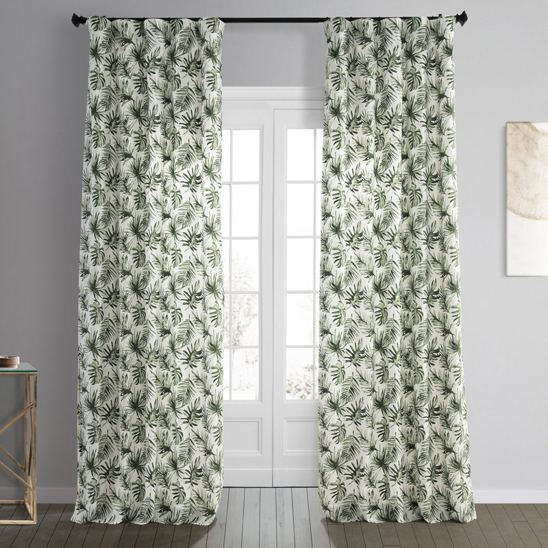 Gingras Coastal Leaf Cascade Printed Cotton Room Darkening Curtains - Single Panel, 50" W x 96" L, Green