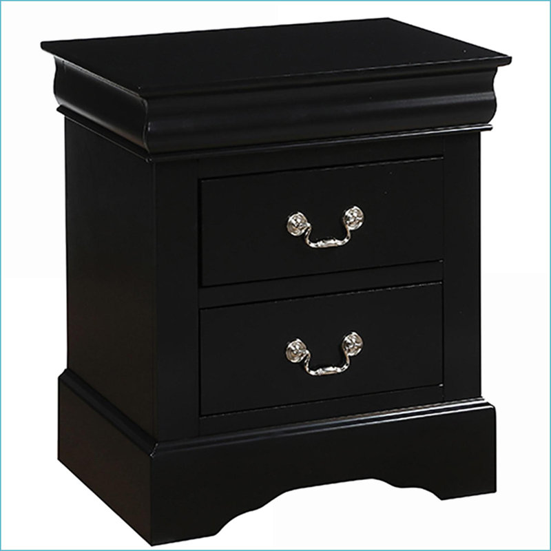 Table de chevet noire à 2 tiroirs en bois d'ingénierie avec poignées en métal
