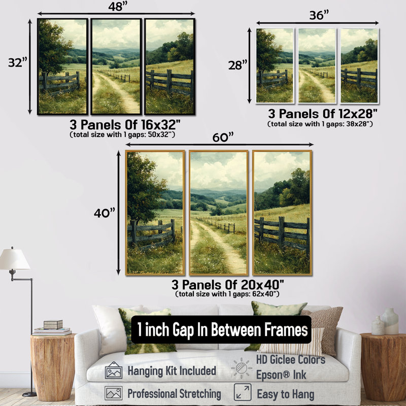 «Green Peaceful Valley I», ensemble d'art mural, H 28 po x l 36 po x P 1 po, Toile avec cadre flottant or