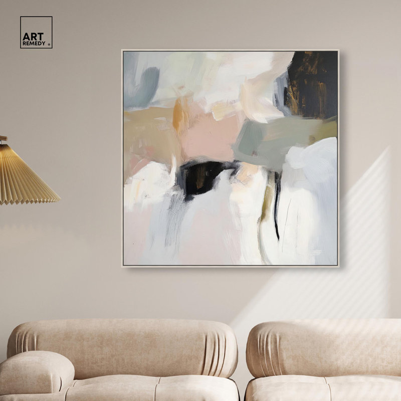 «Softened Encounters I», art abstrait neutre par Art Remedy, H 41 po x l 41 po, Encadrement argenté