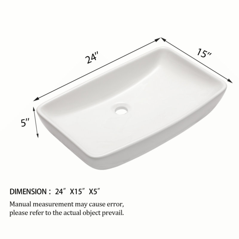 24"X15" White Ceramic Rectangular Vessel Bathroom Sink