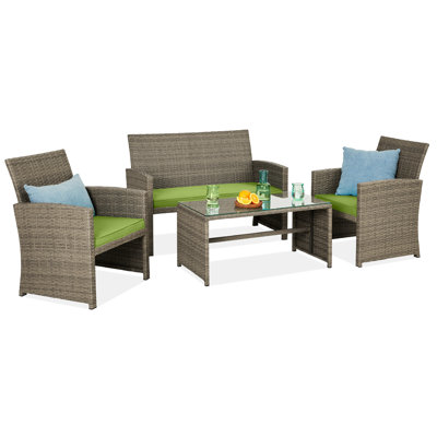 4-Piece Outdoor Wicker Patio Conversation Furniture Set W/ Table, Cushions - Natural