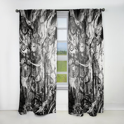 Miah - Black And White Graffiti Cosmic II - Modern Velvet Curtain - Room Darkening - 1 panel