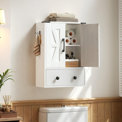 Armoire de salle de bain murale blanche - Armoire à pharmacie à double porte avec tiroir en tissu et crochets