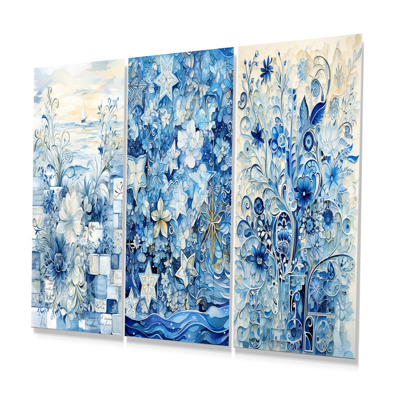 «White and Blue Botanical Tiles I», ensemble de 3 reproductions d'art mural en métal abstrait, H 32 po x l 48 po