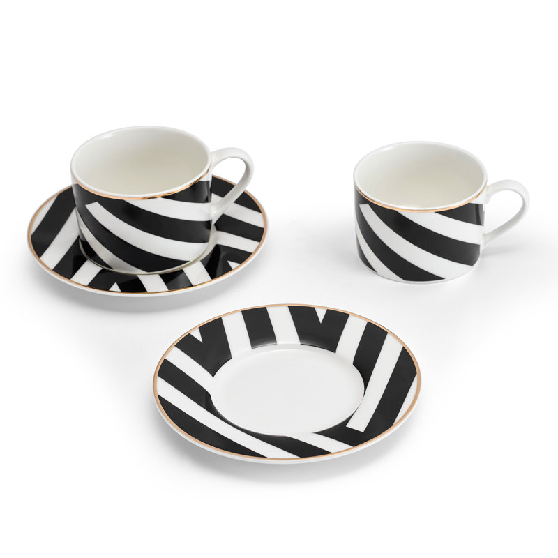 Mikasa Luxe Deco Geometric Print China Tea Cups and Saucers, 200ml