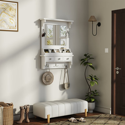 Meuble-lavabo flottant mural blanc, 3 tiroirs, 5 pochettes et crochets, miroir Hd de 31,7 po