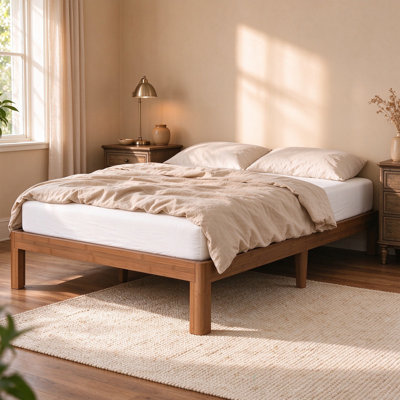 Cadre de lit plateforme en bambou et noyer de 30 cm (12 pouces), lit en bois massif avec lattes métalliques, sommier non requis, montage facile