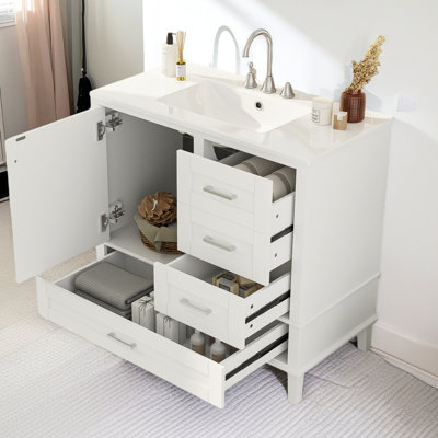 Meuble-lavabo moderne 36 po avec cadre en pin massif, 1 porte à fermeture douce et 3 tiroirs, armoire de rangement moderne