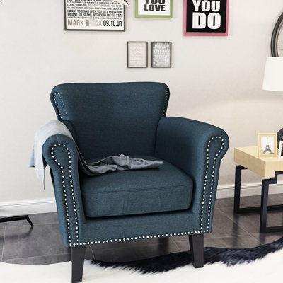 Fauteuil de maquillage bleu marine intrigant avec tissu doux et pieds en bouleau