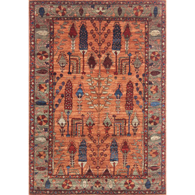 Tapis unique noué à la main orange / gris foncé / rouge de haute qualité