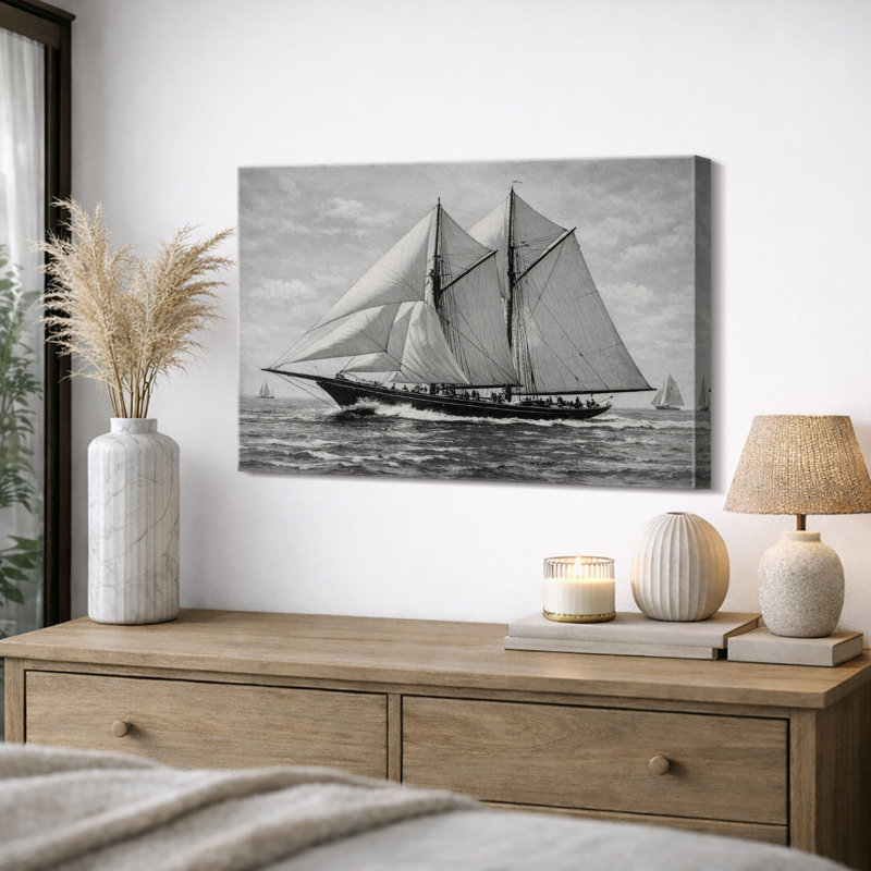 Illustration de bateau à voile classique, scène nautique noire et blanche, photos de salon, impression sur toile encadrée