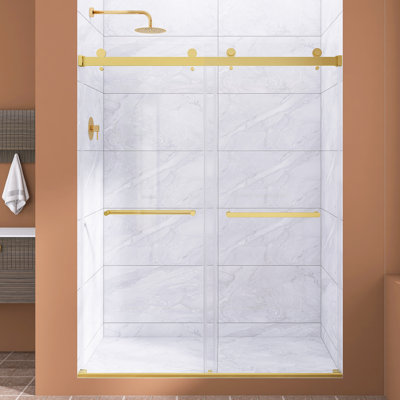 Porte de douche coulissante double sans cadre 55 po x l 76 po x H 76 po réversible sans cadre en or brossé Rail Rail inférieur en forme de L ｜ Verre trempé clair de 5/16 po (8MM) SGCC Film Film antidéflagrant Co Revêtement Nano facile à nettoyer ｜ Séchage humide Séparation