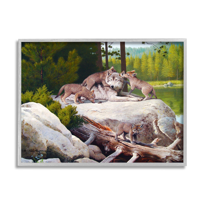 «Wolf & Cubs in Nature» par Rod Lawrence, reproduction d'art sur toile, Estampe numérique Farmhouse