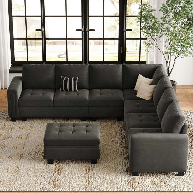 Shavera 7 - Piece Large L Shaped Velvet Modular Sofa Living room Corner Sofa Sectional Couch with Storage Ottoman