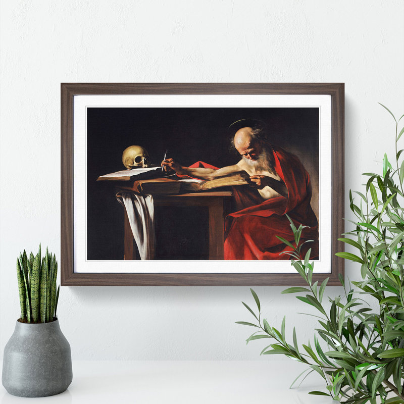 Saint Jerome Writing by Caravaggio - Picture Frame Painting, Walnut Framed, 36cm H x 48cm W x 2cm D
